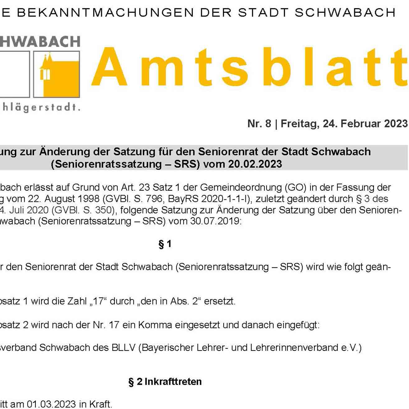 Ausschnitt aus einem Amtsblatt-Titel