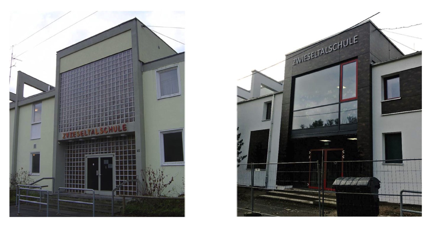  Vergleichsbild: Haupteingang der Zwieseltalschule vor und nach der Sanierung.