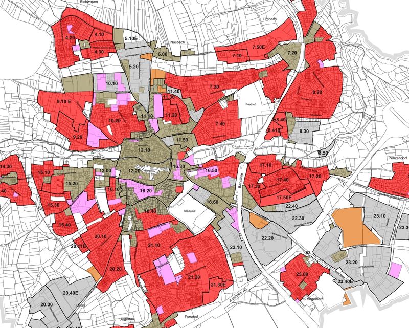 Ausschnitt aus der Bodenrichtwertkarte mit den Bodenrichtwertzonen (ohne Werte)